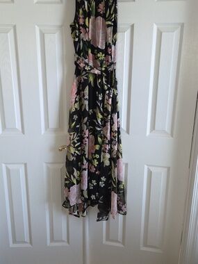Tahari Black Floral Halter Maxi Dress with Pink and Green Blooms